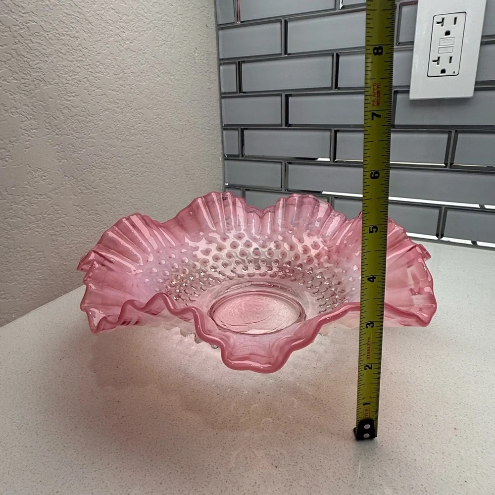 Vintage Bride's Basket Fenton Pink Hobnail Ruffled Bowl with Metal Holder